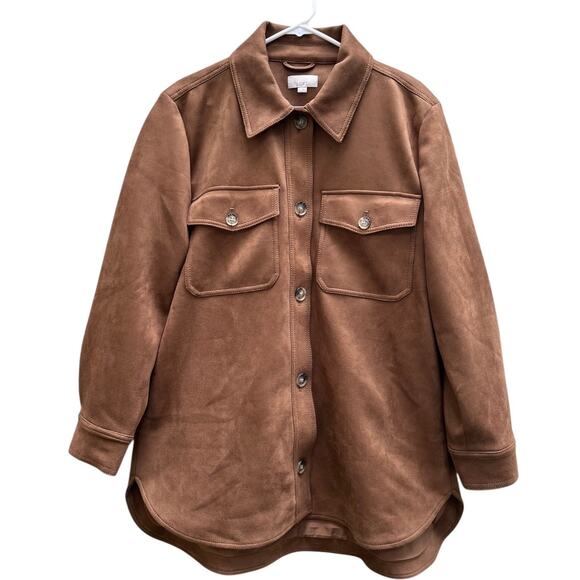 LOFT Brown Faux Suede Button Up Shacket Front Breast & Side Pockets Womens Large - Picture 1 of 8